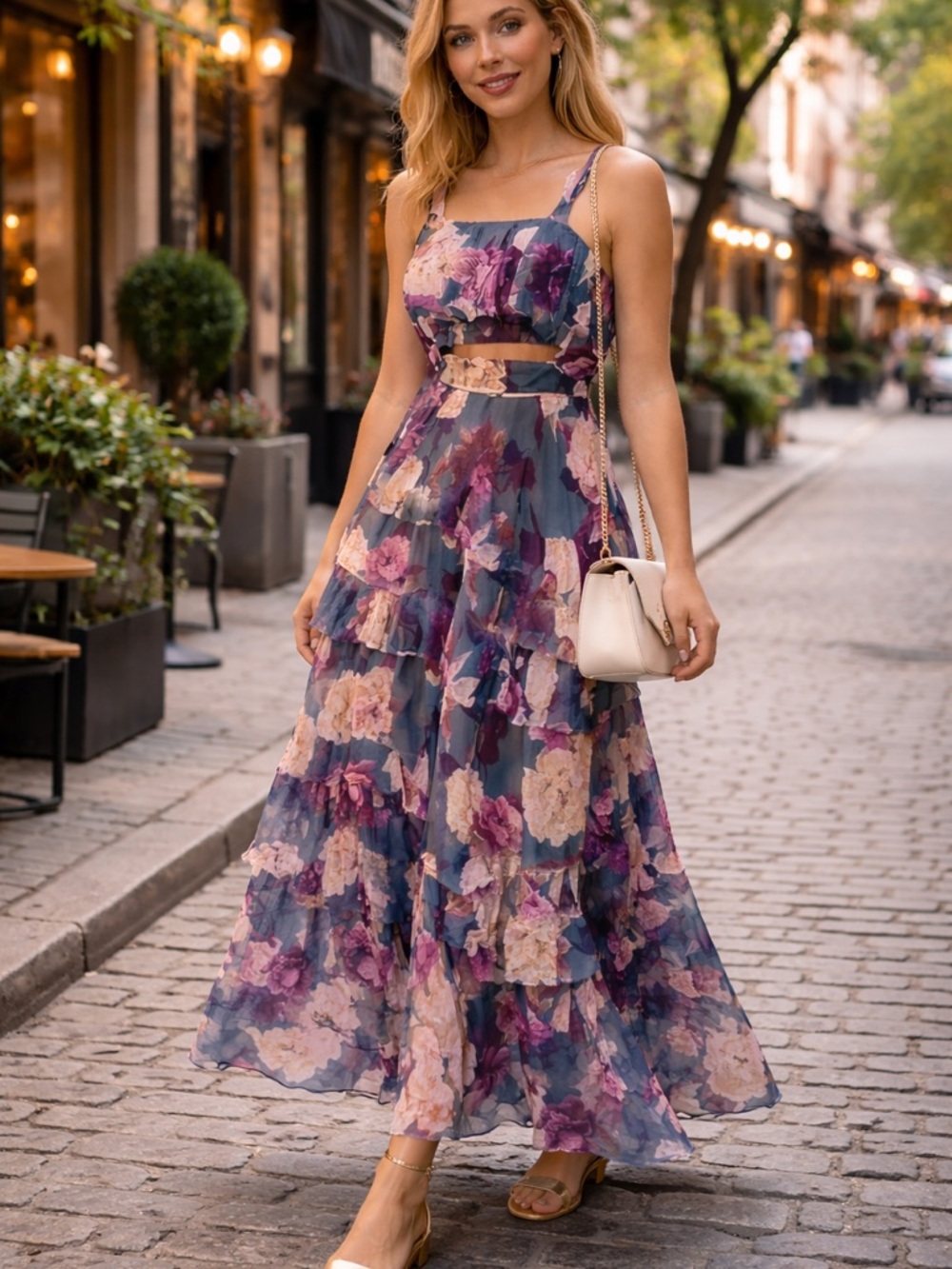 Floral Maxi Dress Tiered Sleeveless Romantic Summer Garden Party L - Picture 6 of 8